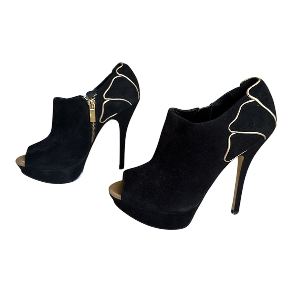 Aldo black suede peep-toe platform ankle booties with Gold Trim women 36